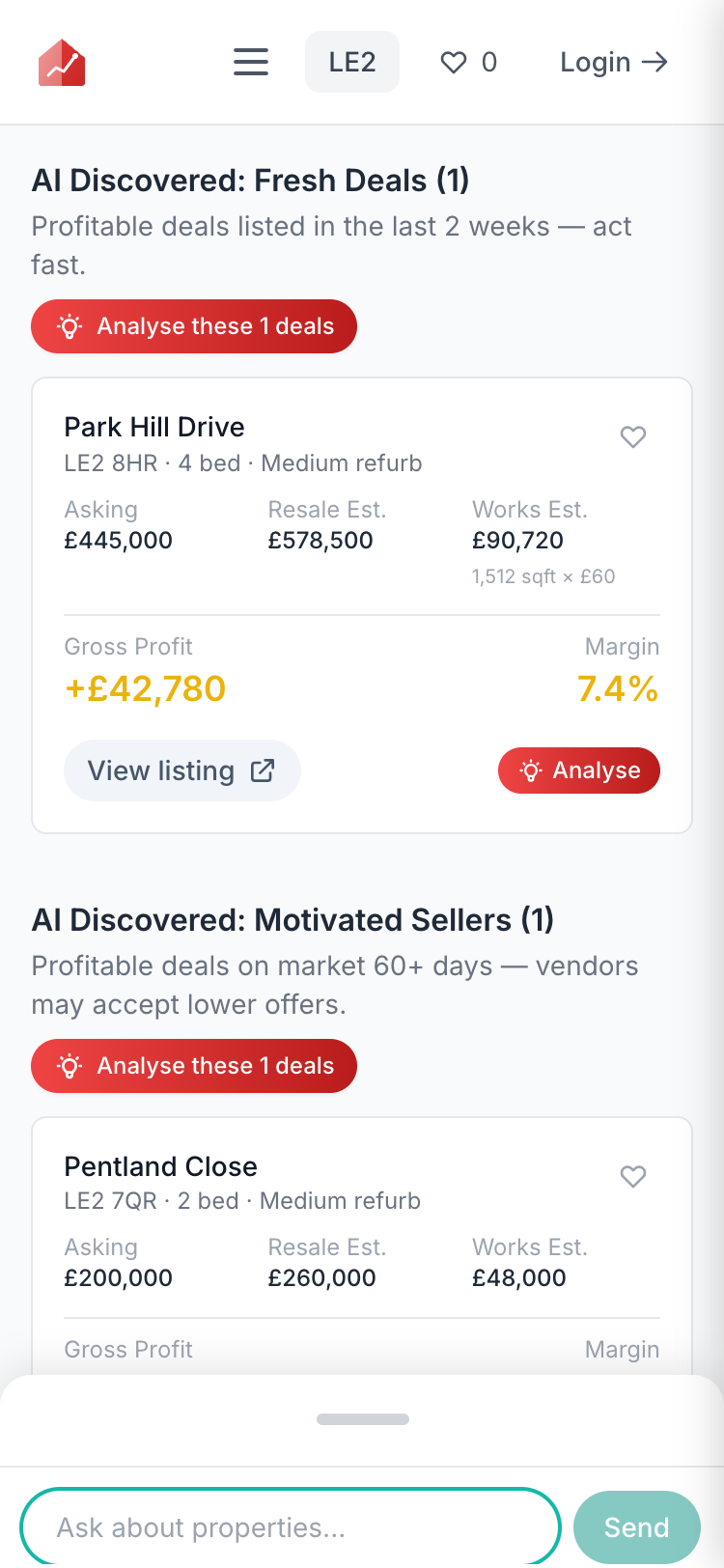 Property Profit Deals app showing deal cards with profit margins and AI chat